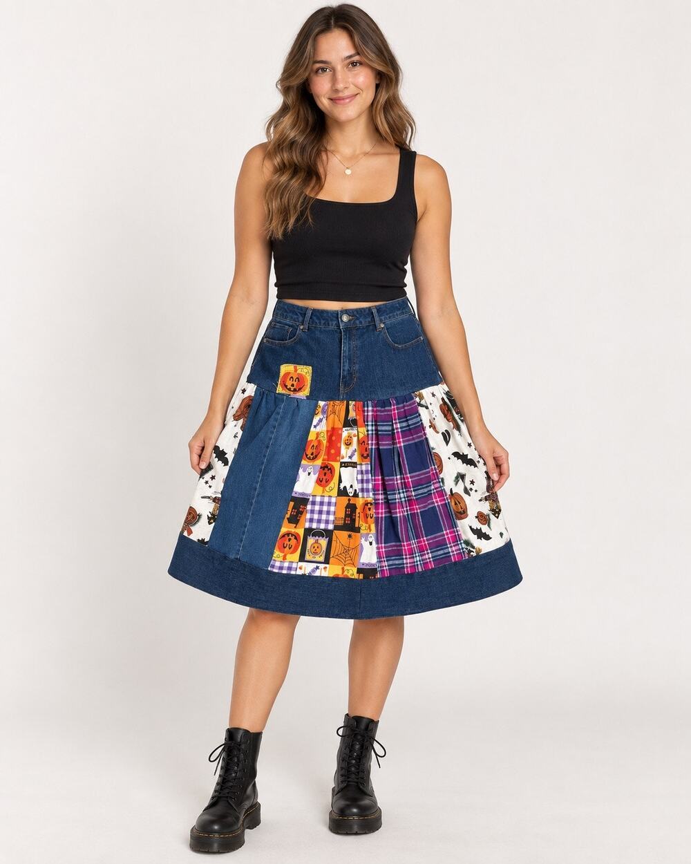 Rachel Zoe Women’s 12 Upcycled Halloween Patchwork Denim Skirt Handmade Boho